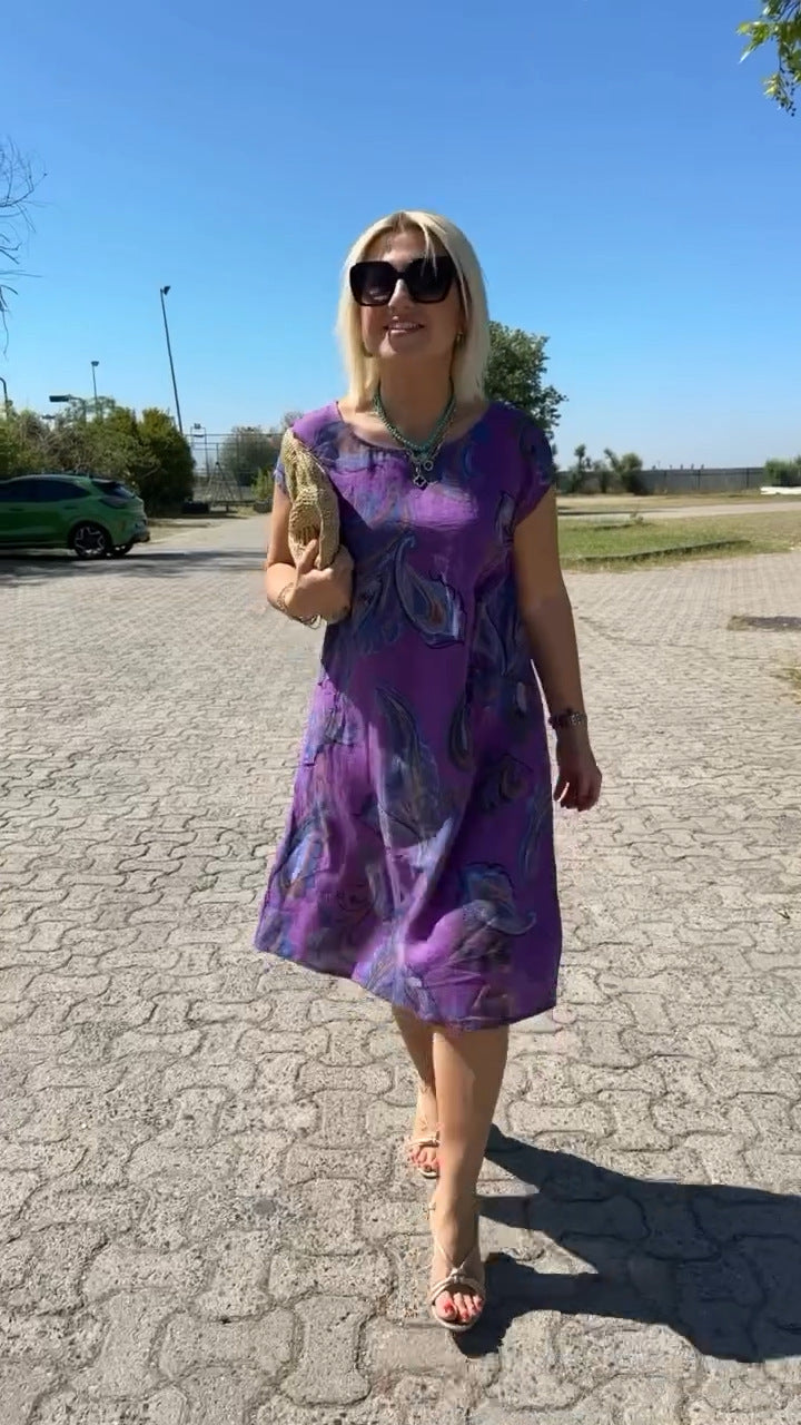 Kokvilnas un lina kleita ar apdruku-LV