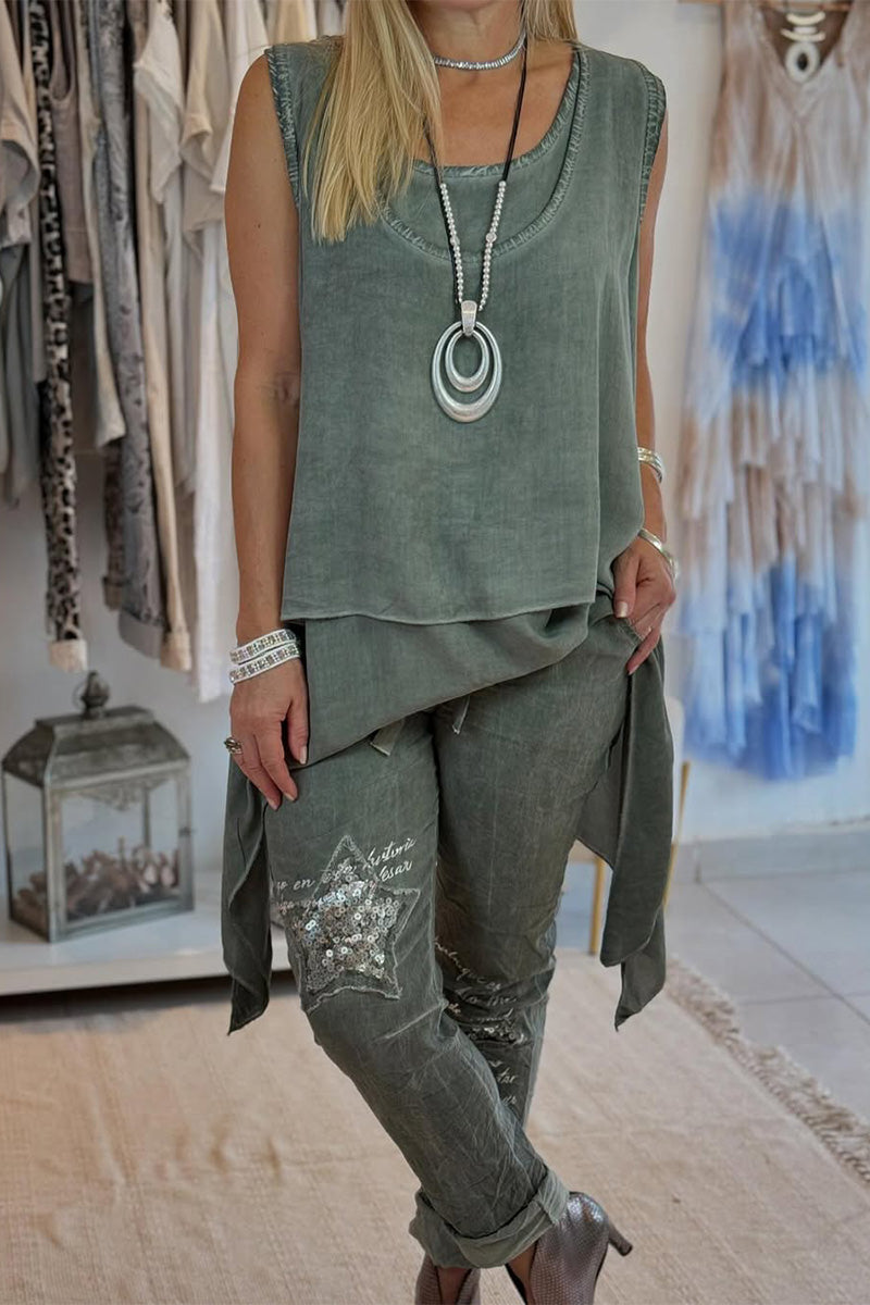 Pantalones de mujer con estampado de doble fondo, sin mangas, cuello redondo, color liso irregular-ES