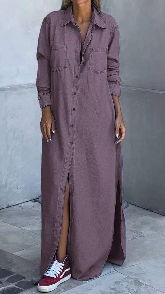 Vestido vaquero con mangas largas y solapas-ES