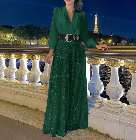 ✨Elegantna bluza z dolgimi rokavi z V-izrezom in široke hlače s pajetami.