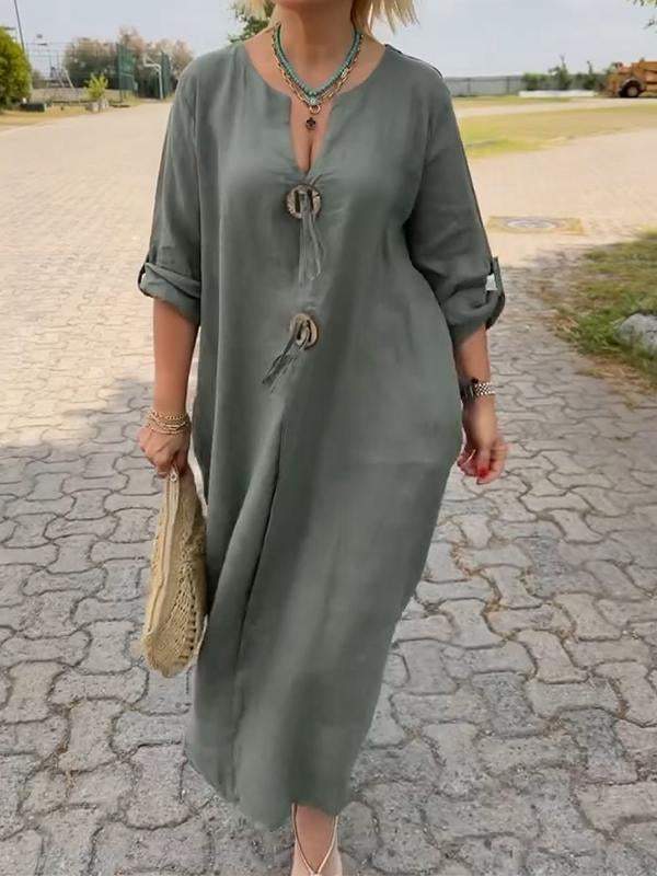 🎁👗Vestido de algodón y lino con cuello en V-ES