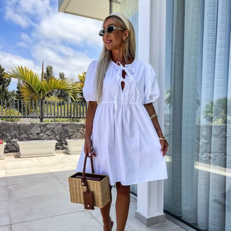 💕Vestido con mangas abullonadas y lazo delantero en color puro-ES
