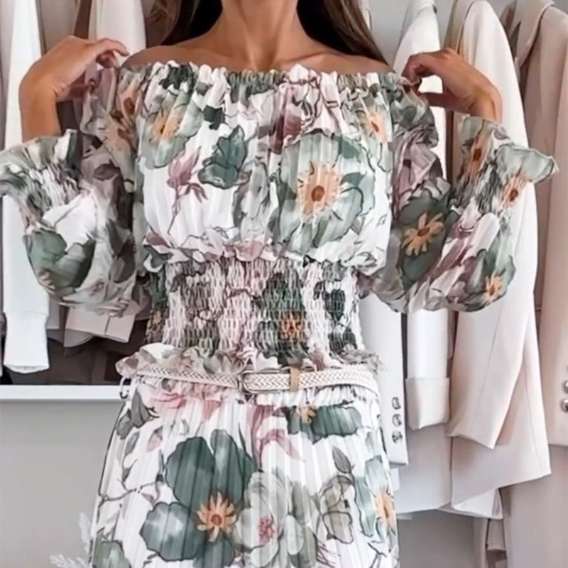 🌸Kwiatowy top z odkrytymi ramionami i dwuczęściowy komplet z długą spódnicą