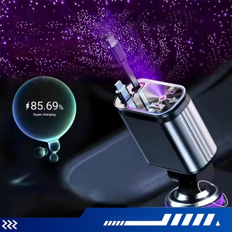 Cargador de coche multifuncional con carga rápida y cable retráctil | Compatible con todos los smartphones-ES