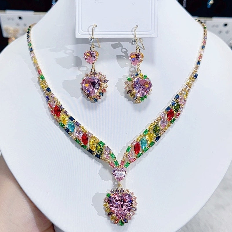 💎✨ Bleščeč komplet nakita v obliki srca (ogrlica + uhani) – eleganten in romantičen-SI