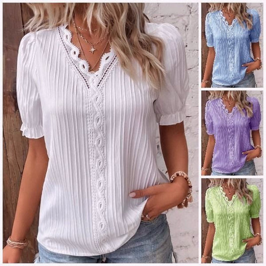(🎁2024 New Year Hot Sale🎁)Limited Stock🔥V Neck Plain Lace Elegant Shirt(Kup 2 Darmowa Wysyłka)