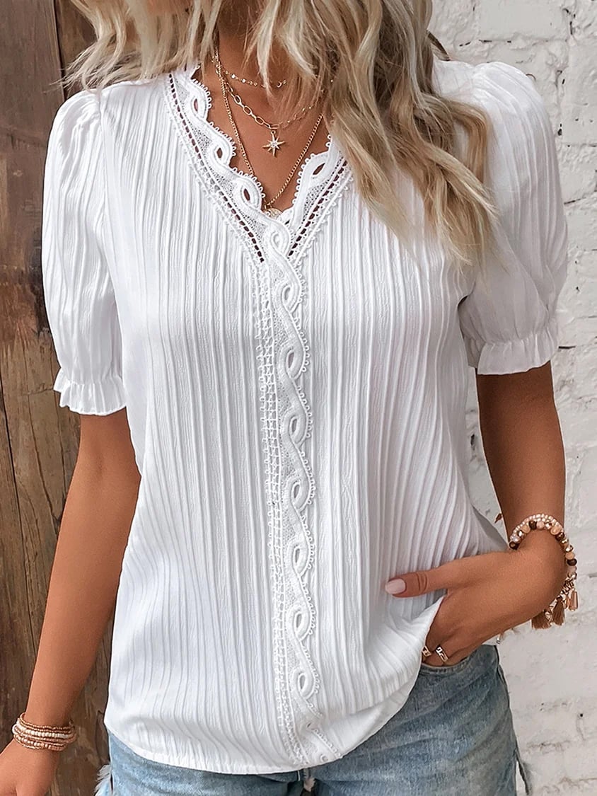 (🎁2024 New Year Hot Sale🎁)Limited Stock🔥V Neck Plain Lace Elegant Shirt(Kup 2 Darmowa Wysyłka)