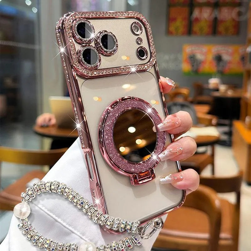 ✨💎Błyszczące diamentowe etui na telefon dla kobiet z lusterkiem i podstawką do iPhone'a 12/13/14/15/16/17 Pro Max, 17Air, 14/15/16 Plus💖