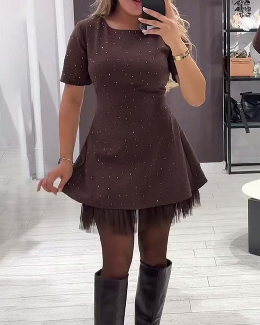 Elegante vestido de retazos de malla brillante-ES