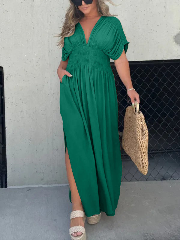 Vestido largo con abertura y escote en pico-ES