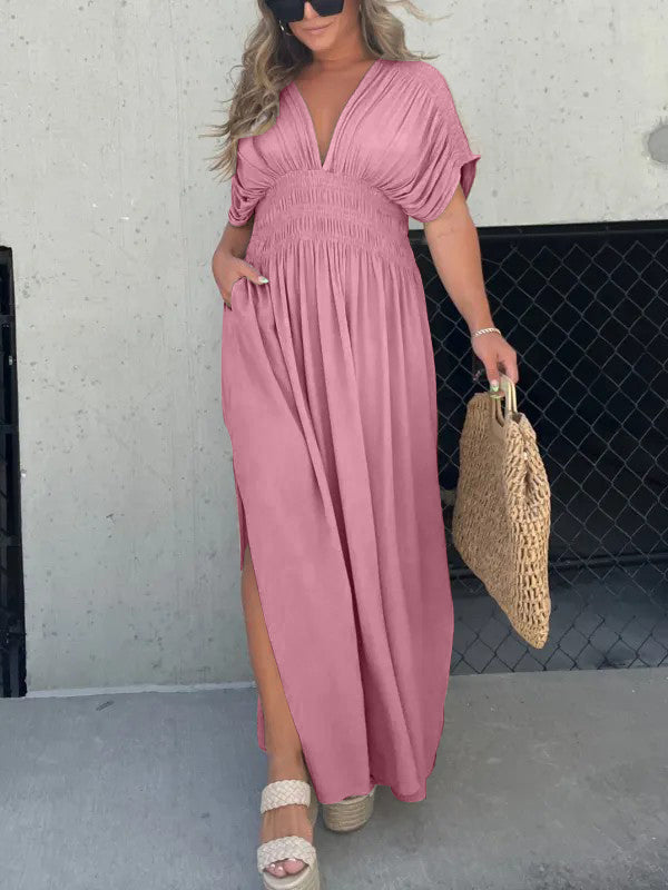 Vestido largo con abertura y escote en pico-ES