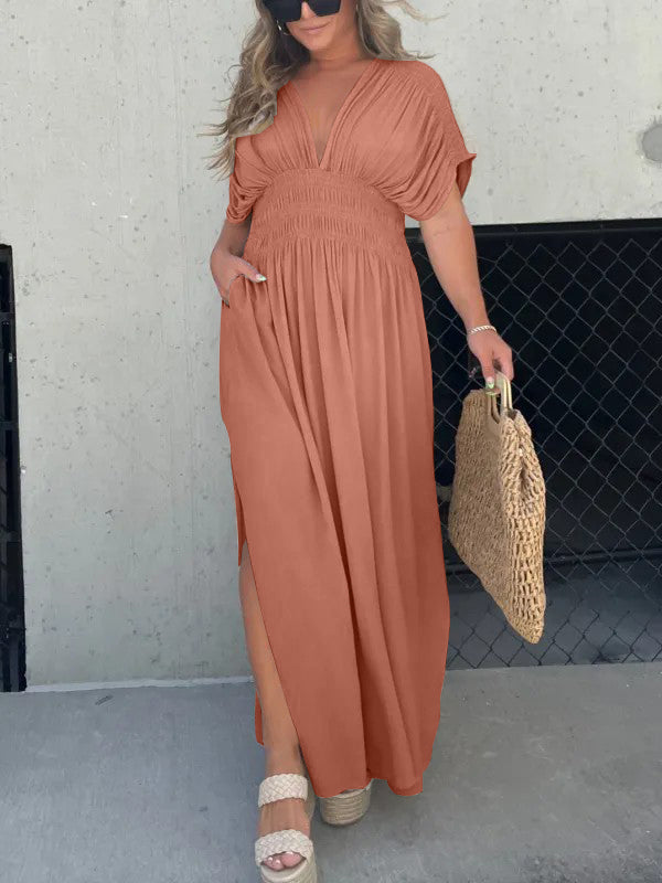 Vestido largo con abertura y escote en pico-ES