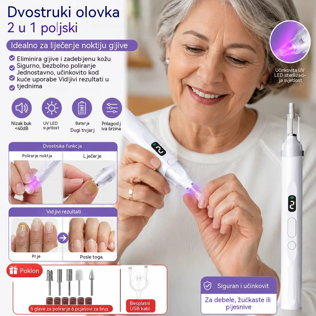 💅Električna turpija za nokte 2 u 1 s LED lampom (lampa za sušenje + 5 nastavaka za poliranje)-HR