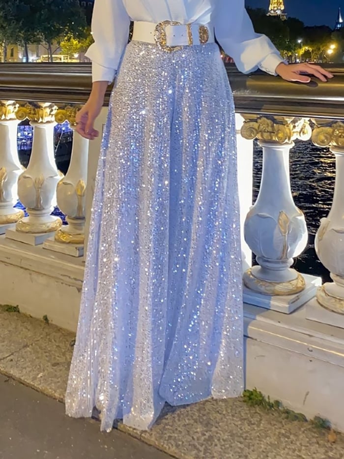 ✨Elegantna bluza z dolgimi rokavi z V-izrezom in široke hlače s pajetami.