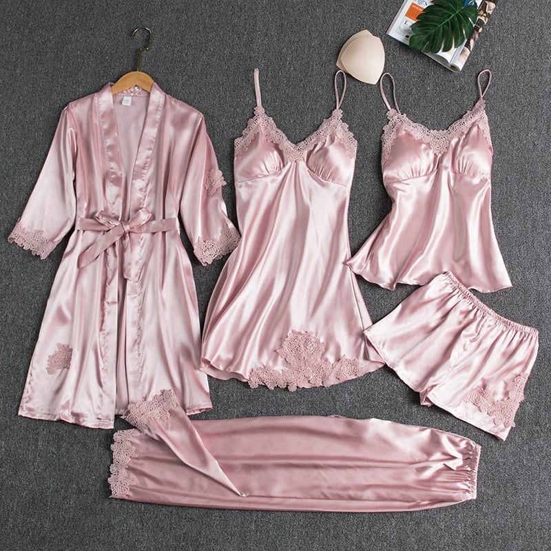 🔥🌹Oferta Walentynkowa💕Damska seksowna 5-częściowa sukienka nocna z lodowego jedwabiu