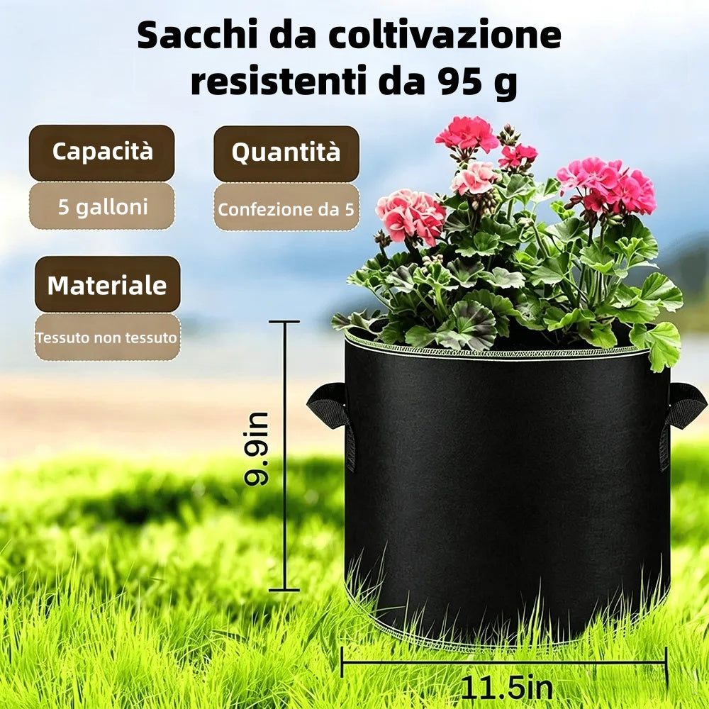 🌱 5 vnt. po 19 litrų (5 galonų) auginimo maišų pakuotė – patvarūs, kvėpuojantys medžiaginiai vazonai su rankenomis daržovėms, gėlėms ir vaisiams-LT