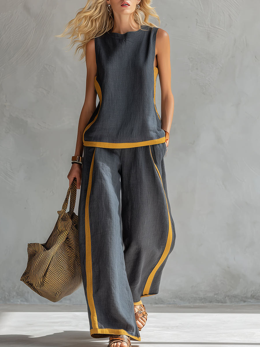 Γυναικείο σετ από βαμβάκι και λινό, άνετο τοπ με στρογγυλή λαιμόκοψη και ψηλόμεσο, άνετο παντελόνι με φαρδιά μπατζάκια.-GR