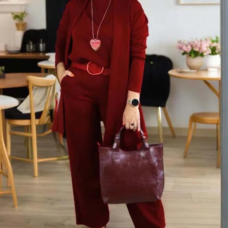 ⏳Specjalna oferta ograniczona czasowo⏰Elegancki 3-częściowy komplet zawierający długi kardigan, top i spodnie💞