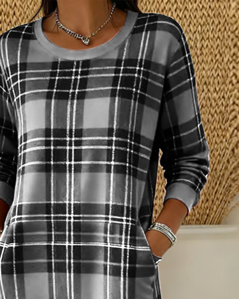 Obleka-bluza z dolgimi rokavi in karo vzorcem