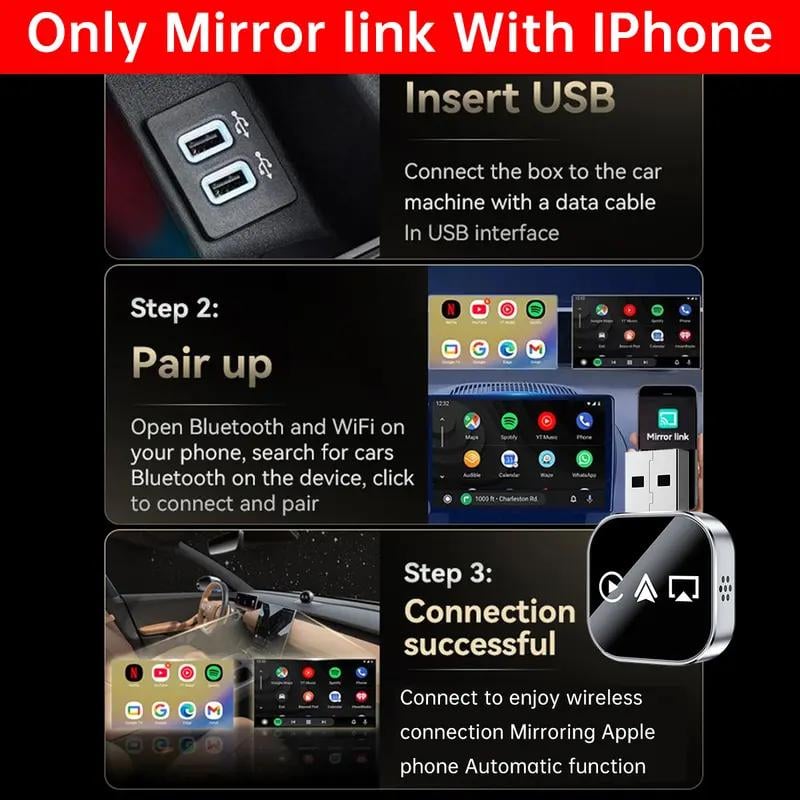 📶 Ulepszony w 2026 r. 3 w 1 ekran lustrzany telefonu iOS, przewodowy adapter CarPlay do bezprzewodowego