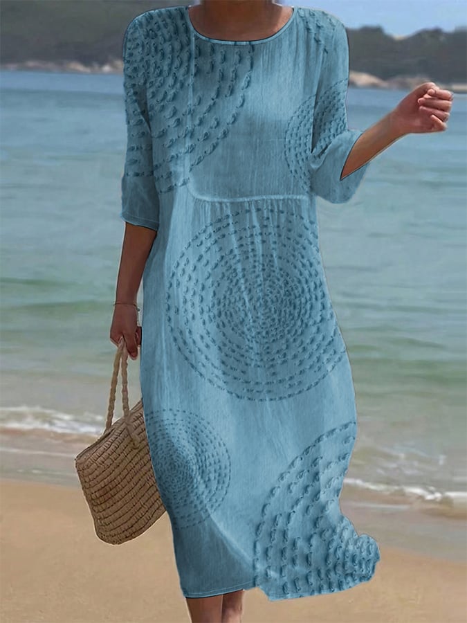 Women's Casual Solid Color Round Neck Mid Sleeve Floral Print Cotton and Linen Dress