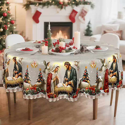 Tablecloth with Christmas - white and red, traditional European style, durable fabric for festive meals and decorations