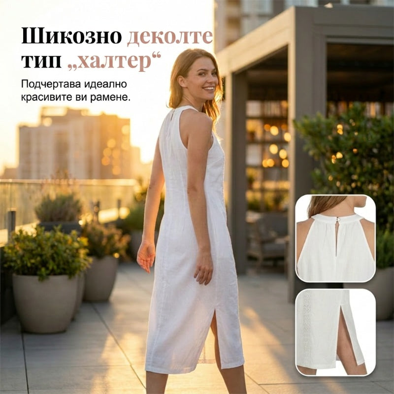 👗 Дамска рокля с разрез, средна дължина, дантелена обшивка и отворена гръб