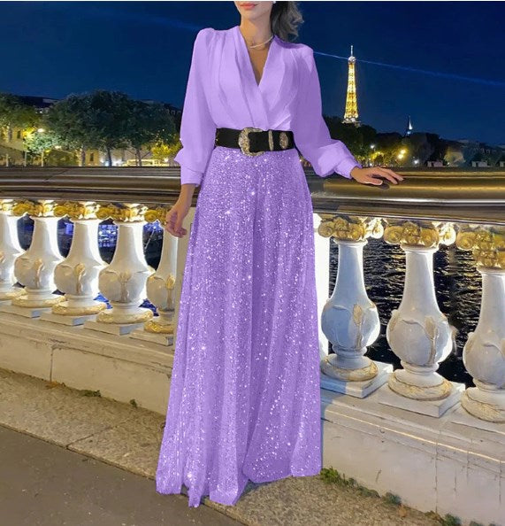 ✨Elegantna bluza z dolgimi rokavi z V-izrezom in široke hlače s pajetami.