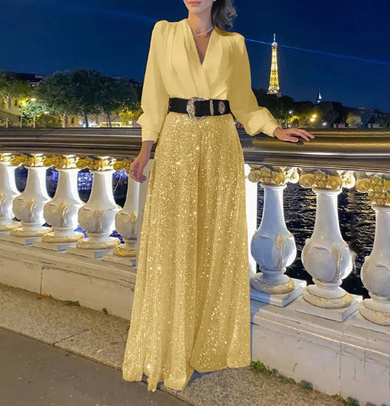 ✨Elegantna bluza z dolgimi rokavi z V-izrezom in široke hlače s pajetami.