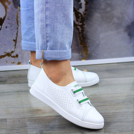 МОДНИ БЕЛИ АЖУРНИ КОЖЕНИ КЕДОВЕ МАРАТОНКИ ДАМСКИ ОБУВКИ БЕЗ ВРЪЗКИ FASHIONS green