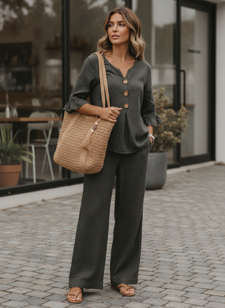 🔥S-2XL⌛️Ženski set: bluza s puf rukavima i široke hlače❤️-HR
