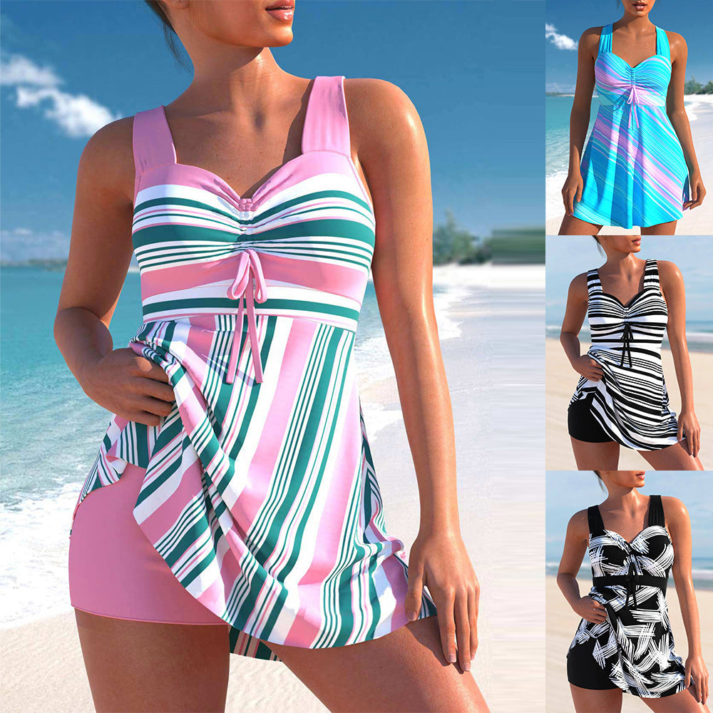 👙✨ Naujas 2026 metų modelis: dryžuotas, iki juosmens siekiantis maudymosi kostiumėlio komplektas 🏖️-LT