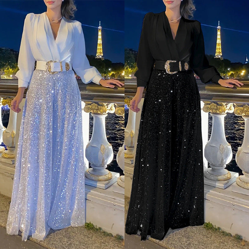 ✨Elegantna bluza z dolgimi rokavi z V-izrezom in široke hlače s pajetami.
