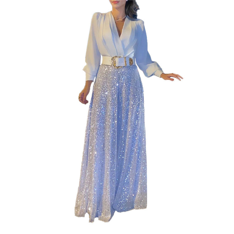 ✨Elegantna bluza z dolgimi rokavi z V-izrezom in široke hlače s pajetami.