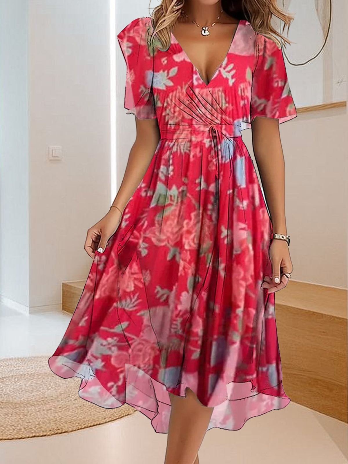 Vestido casual sencillo con cuello en V y estampado-ES