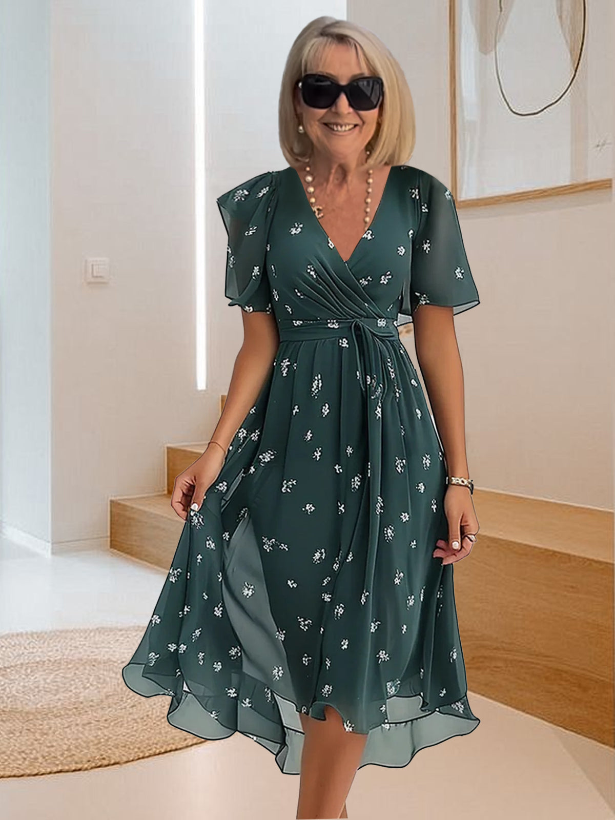 Vestido casual sencillo con cuello en V y estampado-ES