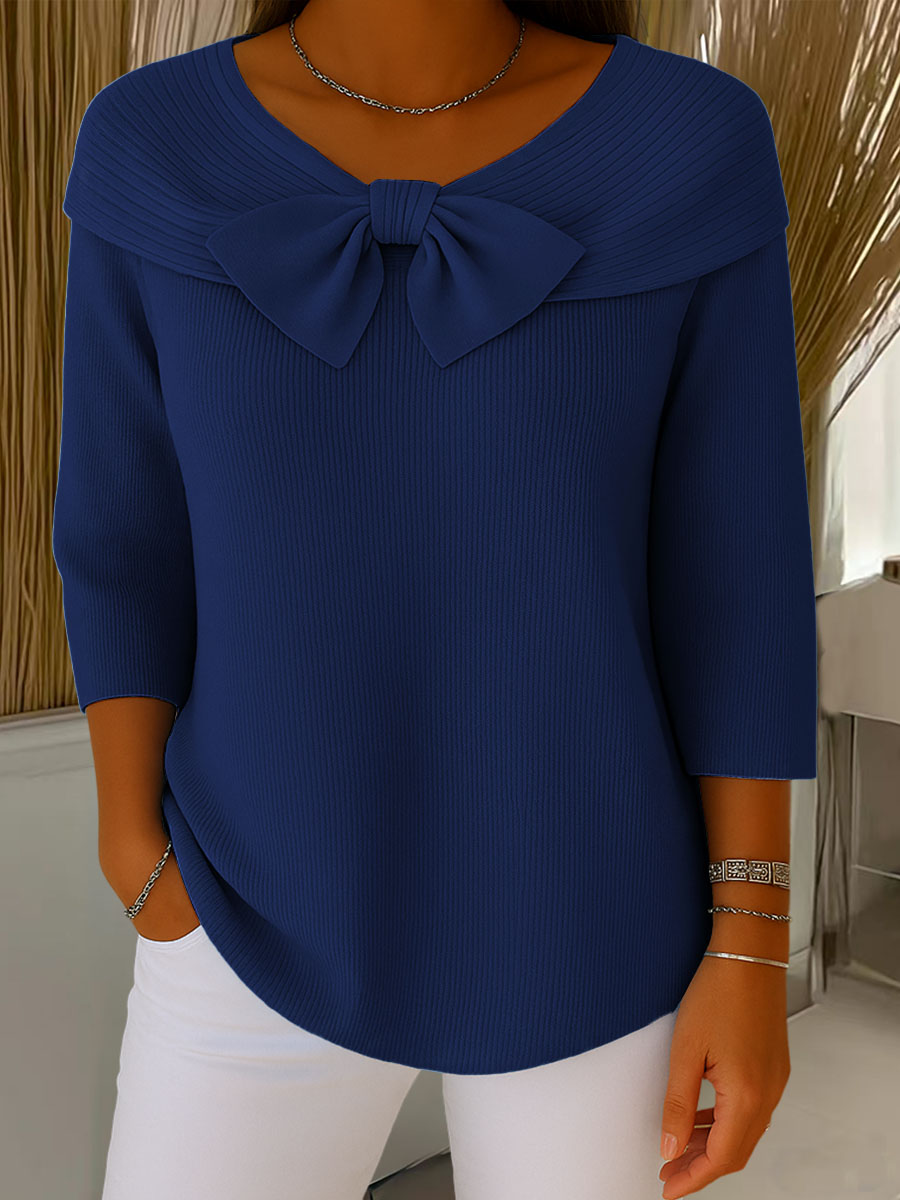 Suéter de punto de color liso para mujer, con cuello redondo y mangas tres cuartos, con lazo, ideal para uso diario.-ES