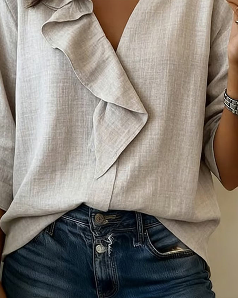 Blusa de manga larga de color liso con volantes-ES