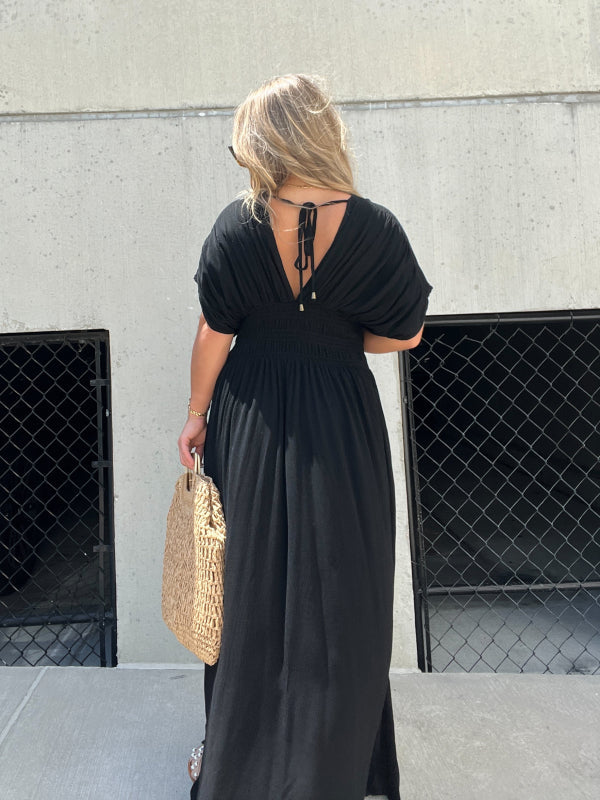 Vestido largo con abertura y escote en pico-ES