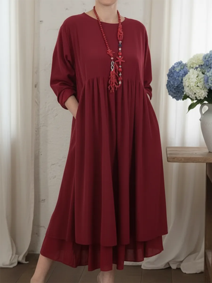 Luźna damska sukienka midi z podwójnym brzegiem