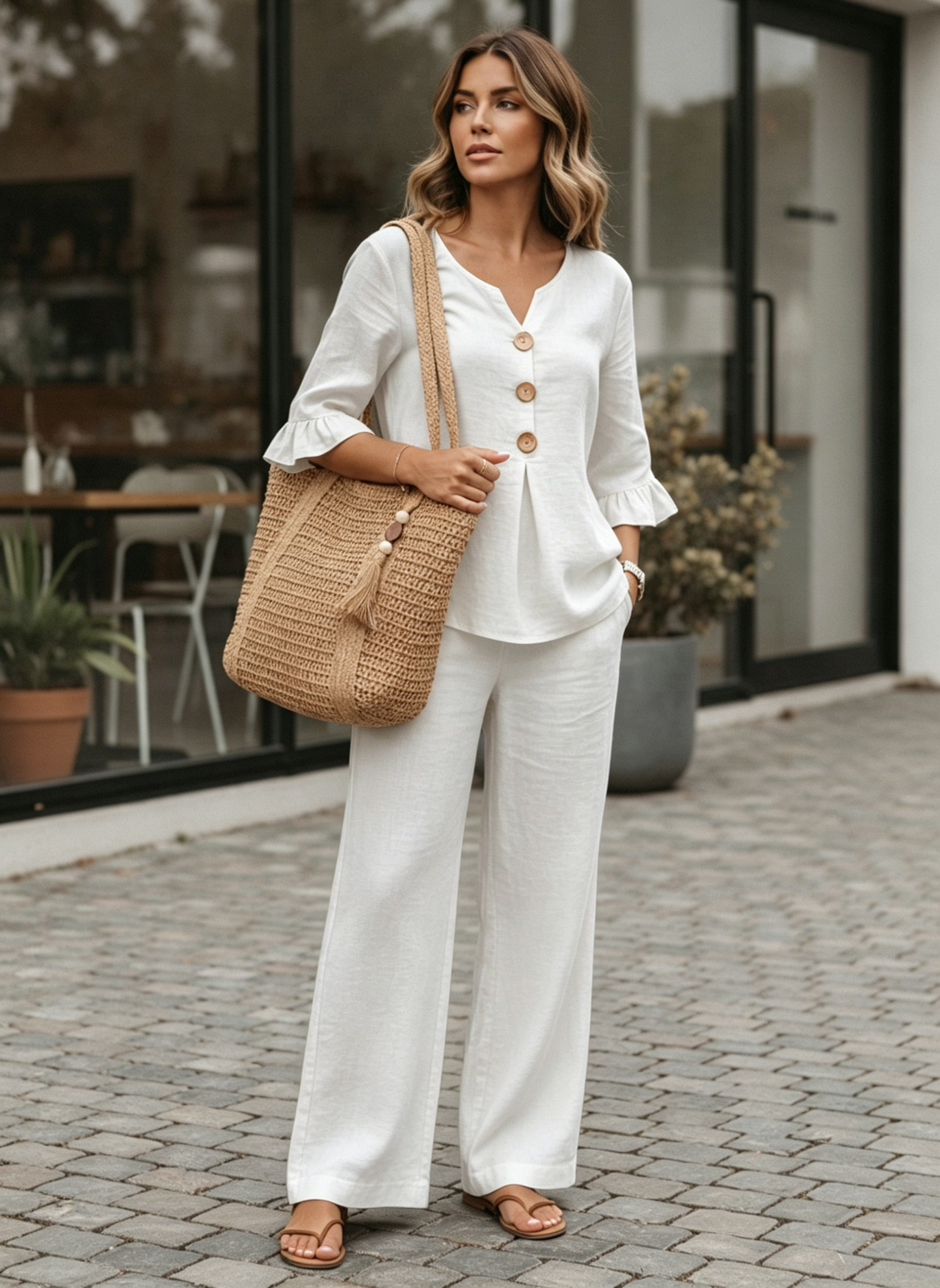 🔥S-2XL⌛️Ženski set: bluza s puf rukavima i široke hlače❤️-HR