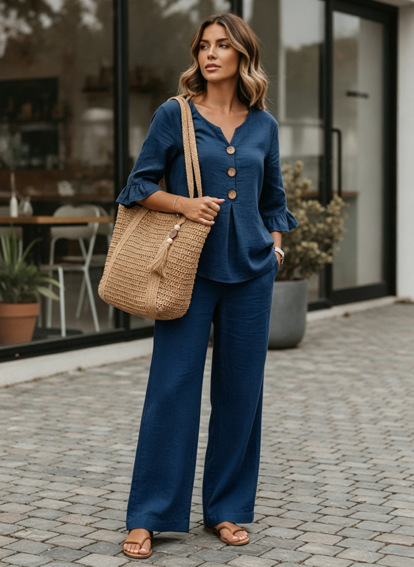 🔥S-2XL⌛️Ženski set: bluza s puf rukavima i široke hlače❤️-HR