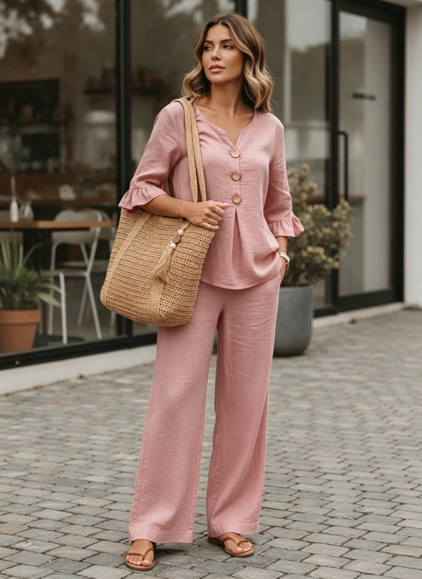 🔥S-2XL⌛️Ženski set: bluza s puf rukavima i široke hlače❤️-HR