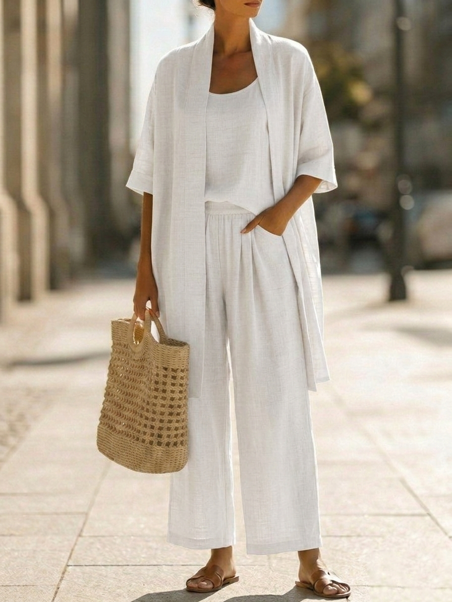 Conjunto minimalista de tres piezas de lino y algodón: cómodo para el uso diario.-ES