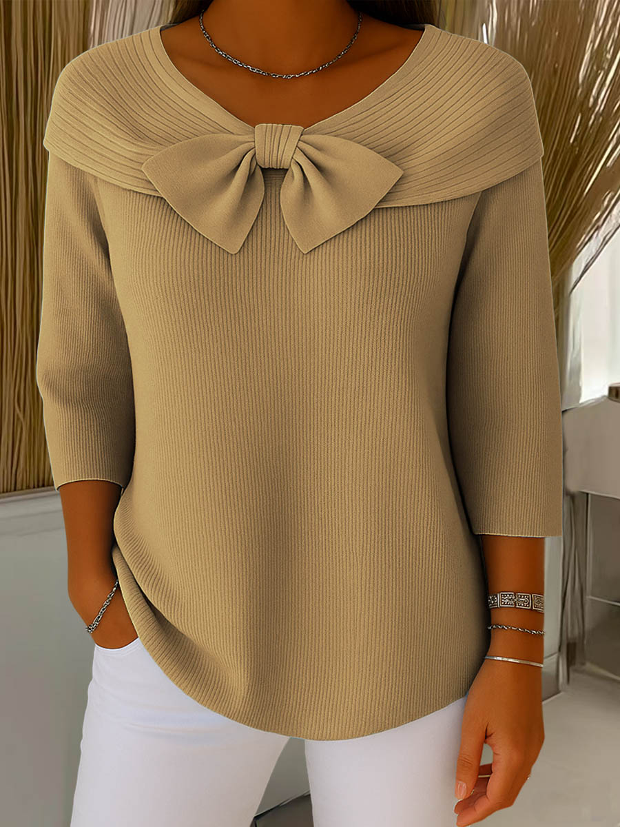 Suéter de punto de color liso para mujer, con cuello redondo y mangas tres cuartos, con lazo, ideal para uso diario.-ES