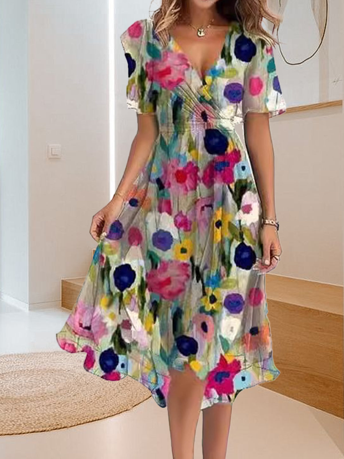Vestido casual sencillo con cuello en V y estampado-ES