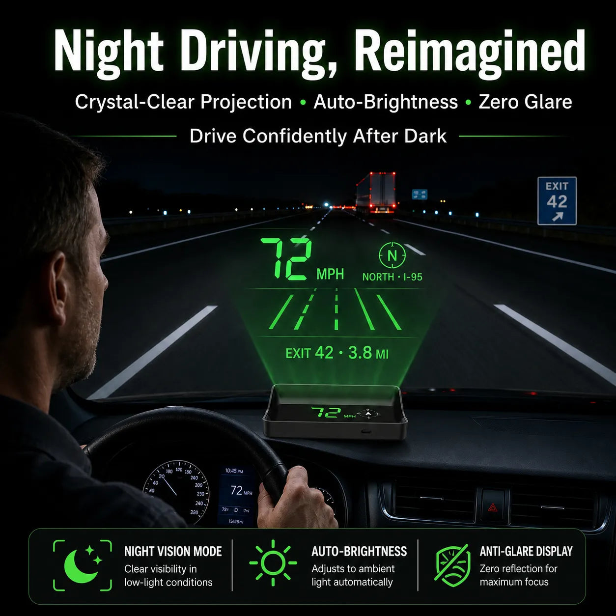 Cyfrowy prędkościomierz samochodowy z wyświetlaczem Head-Up Display (HUD) i nawigacją GPS