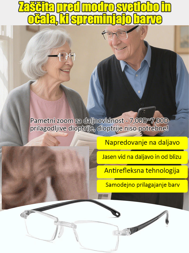 Očala, ki spreminjajo barvo, s filtriranjem modre svetlobe za preprečevanje prezbiopije-SI