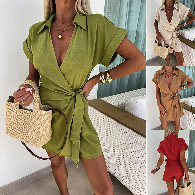 Vestido sexy de lino y algodón con escote en V para mujer✨-ES