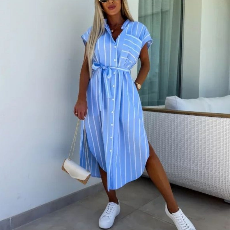 🔥 Casual πουκάμισα φορέματα με ριγέ τσέπες για γυναίκες-GR
